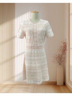 เดรสสั้นสีโอรส มีแขน ผ้าลูกไม้ ไซส์ L