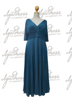 (PRE-LOVED) ชุดราตรียาวอก 50 ชีฟองปิดแขน สีกรม