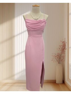 ราตรียาวสีชมพู สายเดี่ยว แต่งคอถ่วง ระบายหวาน ๆ ฟีลบาร์บี้ ไซส์ XL