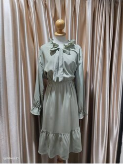 เดรสสั้นแขนยาว สีเขียวมัทฉะ ผูกโบว์หน้าอก ฟีลสาวเรียบร้อย ไซส์ 2XL