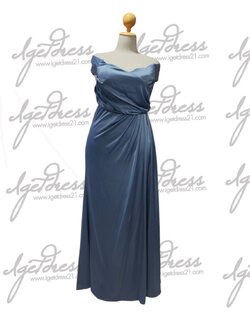 (PRE-LOVED) ราตรียาวสีฟ้าอมเทา ปาดไหล่ จีบอก ไซส์ 2XL