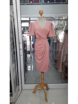 เดรสสั้นสีชมพู แขนสั้นกระโปรงจับจีบผ้าฮานาโกะ(2XL)