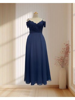 ราตรียาวสีกรม ผ้าลูกไม้ ปาดไหล่ กระโปรงชีฟอง ไซส์ XL