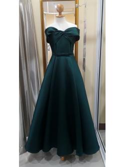 (PRE-LOVED) ชุดราตรียาวสีเขียวเปิดไหล่อกโบว์+เข็มขัดโบว์ (S)