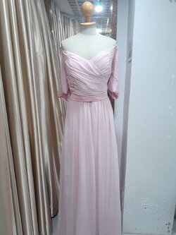 ชุดราตรียาวสีชมพูปาดไหล่อกจับจีบมีแขนหลังสม็อค (3XL)