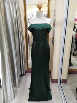 (PRE-LOVED) ราตรียาวสีเขียวปาดไหล่ปก2ชั้น (XL)