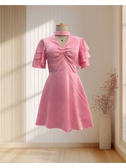 เดรสสั้น สีชมพูบาร์บี้ แขนระบาย เปิดอกเบา ๆ ไซส์ M