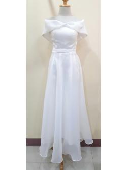 (PRE-LOVED) ชุดราตรียาวสีขาวปาดไหล่เอวโบว์สม๊อคหลัง(อก 32 เอว30 สะโพก ฟรีไซส์) มือ2