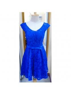 ราตรีสั้นลูกไม้ทั้งตัวเอวโบว์หลังผูกโบว์สีน้ำเงิน (L)