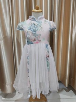 ชุดเด็กคอจีนสีชมพูลายเทา