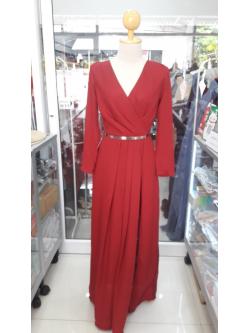 (PRE-LOVED) ราตรียาวสีแดงไวน์แขนยาว (S)