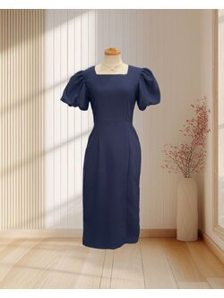 (PRE-LOVED) ราตรีสั้นสีกรม แขนบอลลูน กระโปรงทรงสอบ ไซส์ S