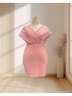 (PRE-LOVED) ราตรีสั้นสีชมพู เกาะอก ผ้าคลุมไหล่ผ้าแก้ว ไซส์ 2XL