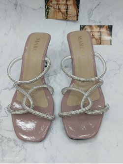 รองเท้าส้นแก้ว ชมพู สายไขว้เพชรสูง2นิ้ว 37