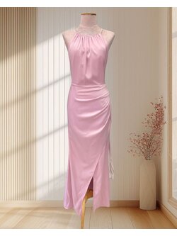 ราตรียาวสีชมพู สายเดี่ยวเพชร หรูหราแพง ผ้าพรีเมียม ไซส์ XL