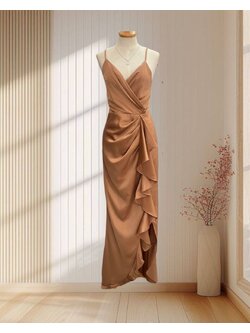 ราตรียาวสีน้ำตาล สายเดี่ยว แต่งจีบ ผ้าระบายช่วงเอว ไซส์ XL