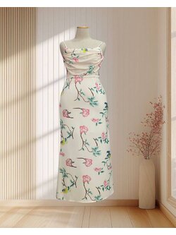 ราตรียาวสีครีม พิมพ์ลายนกนางแอ่น สายเดี่ยวคอถ่วง ไซส์ 2XL