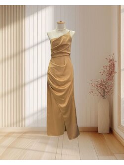 (PRE-LOVED) ราตรียาวสีทอง บ่าเฉียงจีบอกถึงสะโพก ไซส์ M