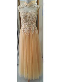 ราตรียาวสีทองปิดคอโชว์หลังอกซีทรูแต่งลูกไม้(ฟรีไซส์)