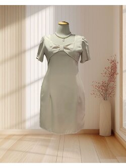 ชุดเดรสออกงานแขนสั้นบาร์บี้แต่งโบว์แขนจีบสีครีม 2XL