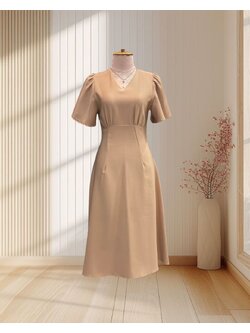 (PRE-LOVED) เดรสคอวีแขนระบาย สีน้ำตาล ไซส์ M