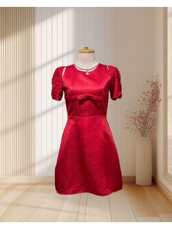 (NEW) เดรสสั้นสีแดง สไตล์เวียดนาม แขนสั้นกรีบดอกไม้ ไซส์ S