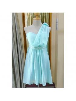 ราตรีสั้นไหล่ข้างเดียวเอวปักสีเขียวมิ้น (อก38 เอว34 สะโพก ฟรีไซส์ )