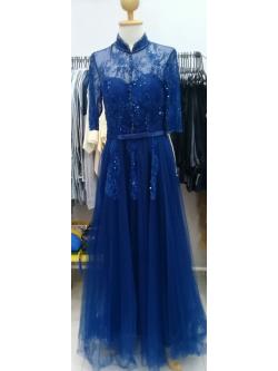 ราตรียาวมีแขนคอจีนอักปักลูกไม้กระโปรงผ้ามุ้ง(ฟรีไซส์)