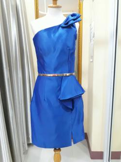 ชุดราตรีสั้นสีน้ำเงินไหล่เบี่ยงติดโบว์ (Size : M)