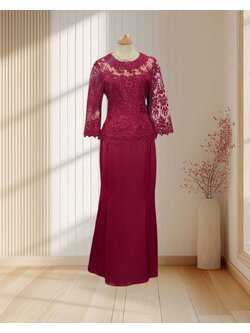 (PRE-LOVED) ชุดคุณแม่สีแดงเสื้อลูกไม้+กระโปรงผ้าเครป ไซส์ M