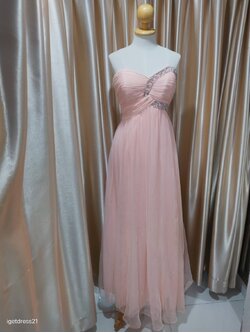 (PRE-LOVED) ชุดราตรียาวสีโอโรสสายเดี่ยวชีฟองแต่งเพชรที่อก