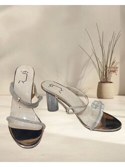 รองเท้าส้นแก้วสีทอง สายเพชร สูง 3 นิ้ว ไซส์ 41