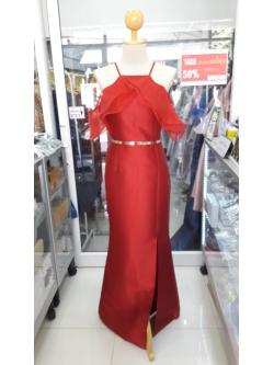 ยาวแดงเปิดบ่าแต่งผ้าแก้วระบาย2ชั้น (L)