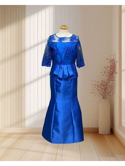 ชุดแม่เจ้าสาวเสิ้อลูกไม้กระโปรงยาว น้ำเงิน S