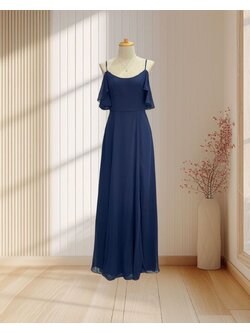 (PRE-LOVED) ราตรียาวสีกรม สายเดี่ยว เปิดไหล่ ผ้าชีฟอง ไซส์ S