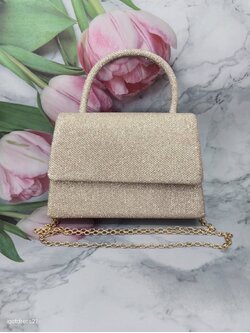 กระเป๋าคลัทซ์แต่งกลิตเตอร์สีแชมเปญหูหิ้ว+โซ่