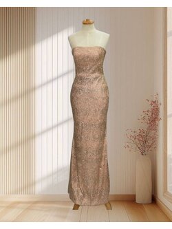 ราตรียาวสีชมพู เกาะอกผ้ากลิตเตอร์ ปักเลื่อม ไซส์ M