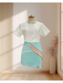 กระโปรงกางเกงขาสั้นสีฟ้าอมเขียว แต่งจีบสีครีมด้านหน้า ไซส์ M