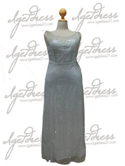 ราตรียาวสีเทาแขนกุดอกซีทรูปักเลื่อมกลิตเตอร์ (2XL)