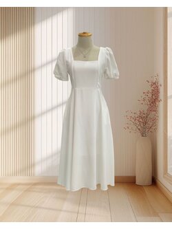 เดรสสั้น สีขาว แขนตุ๊กตา กระโปรงบาน มีกระเป๋าข้าง ไซส์ M