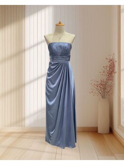 (PRE-LOVED) ราตรียาวสีฟ้า เกาะอก ผ้าซาติน งานจีบสะโพก ไซส์ S