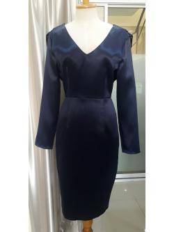 ชุดราตรีสั้นสีกรมท่าคอวีเเขนยาวเว้าหลัง (Size : S)