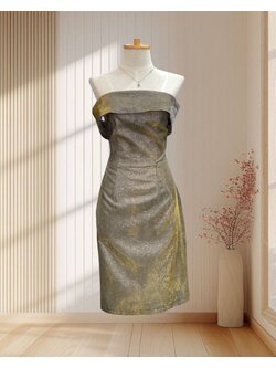 (PRE-LOVED) ราตรีสั้นสีเหลืองเหลือบเทา ผ้ากลิตเตอร์ เปิดไหล่ ไซส์ M