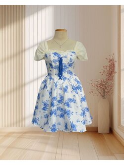 เดรสสั้นสีขาว พิมพ์ลายดอกไม้ สีฟ้า แขนผ้าชีฟอง ไซส์ XS