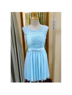 ราตรีสั้นอกลูกไม้เอวโบว์หลังผูกโบว์สีฟ้า(ฟรีไซส์)