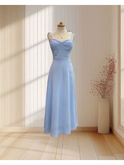 เดรสยาวสีฟ้า สายเดี่ยวผูกโบว์ ผ้าเบาบางสบาย ไซส์ L