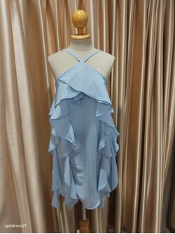 เดรสสายไขว้ระบายสีฟ้า F