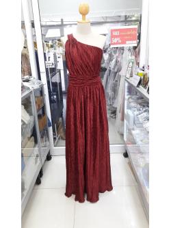 (PRE-LOVED) ยาวแดงซาตินอัดลายริ้วทรงกรีกบ่าเดี่ยวจับจีบเอว(M)