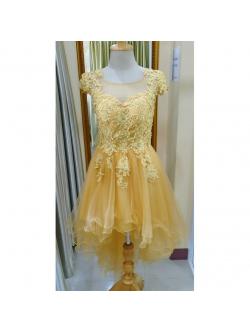 ราตรีหน้าสั้นหลังยาวมีแขนผ้ามุ้งอกลูกไม้สีทอง(ฟรีไซส์)