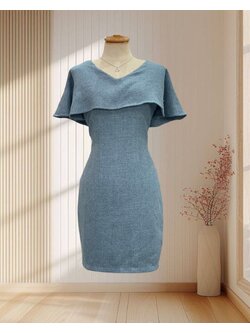 เดรสสั้นสีฟ้า ผ้าทวิต คลุมไหล่แบบลูกคุณหนู ไซส์ M